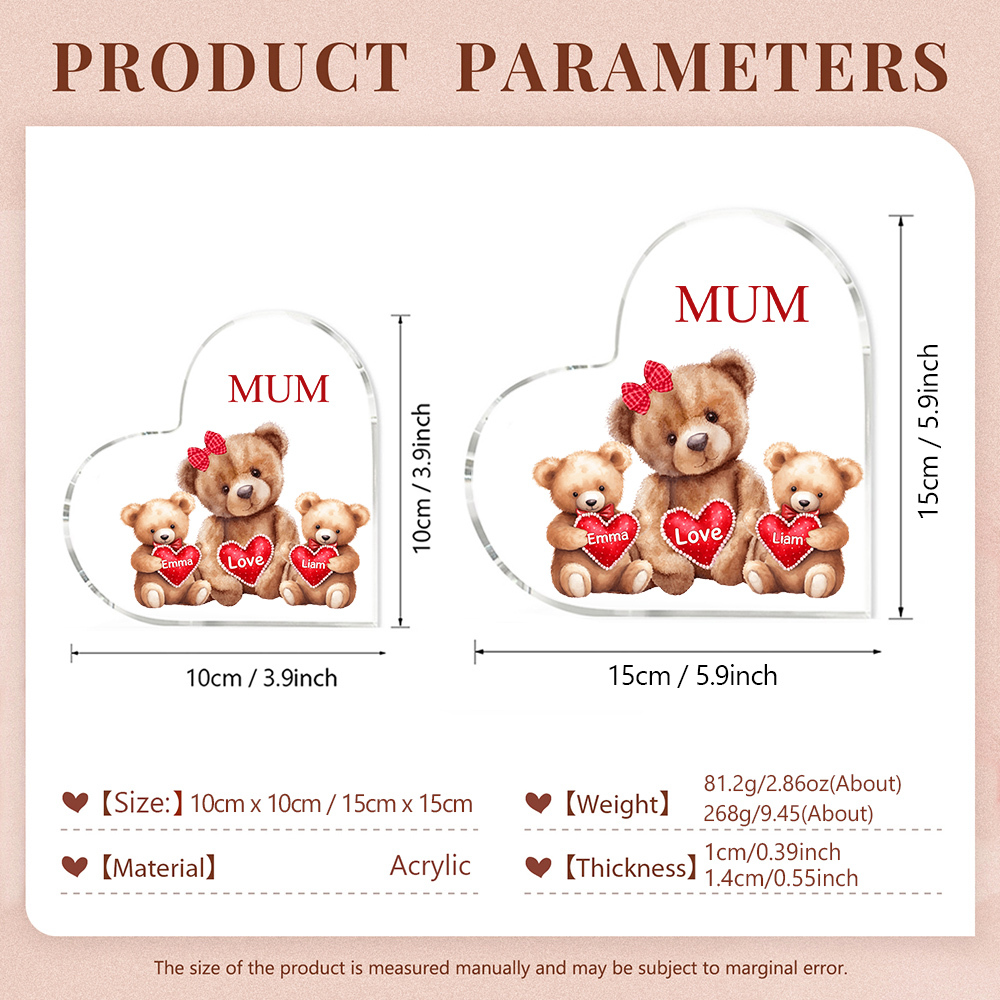 Personalized Acrylic Heart Keepsake Custom Texts Teddy Bear Ornaments Gifts for Grandma/Mother