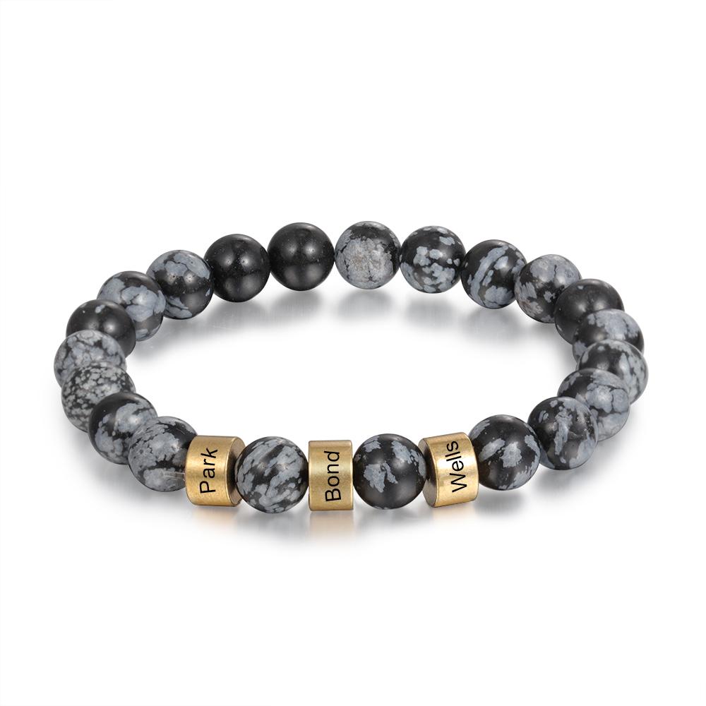Serene Black Onyx Men Bracelet Personalized 3 Names Beaded Warp Bracelet Gift For Him