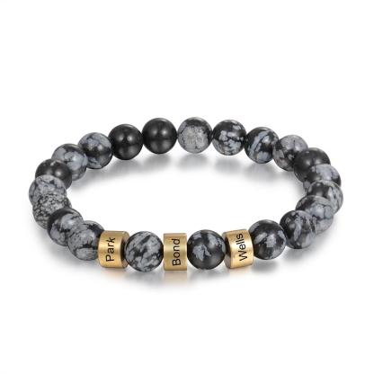Serene Black Onyx Men Bracelet Personalized 3 Names Beaded Warp Bracelet Gift For Him