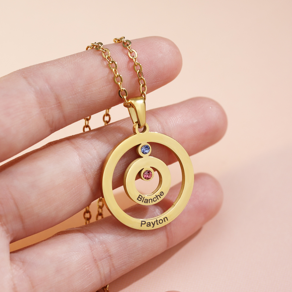 Personalized Engraved Double Circle Colored Diamond Necklace