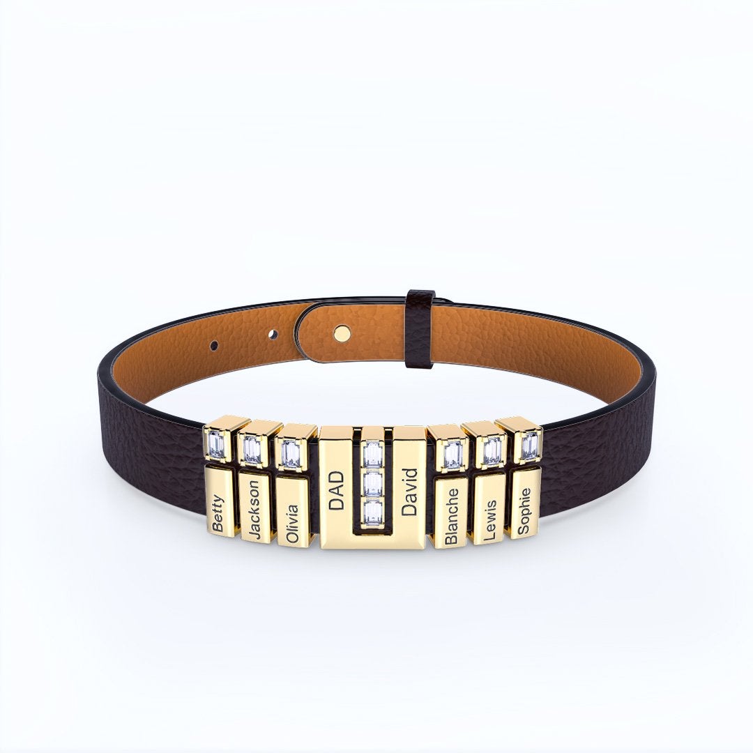 Father's Day Gift Men Learther Bracelet With Diamond Name Beads