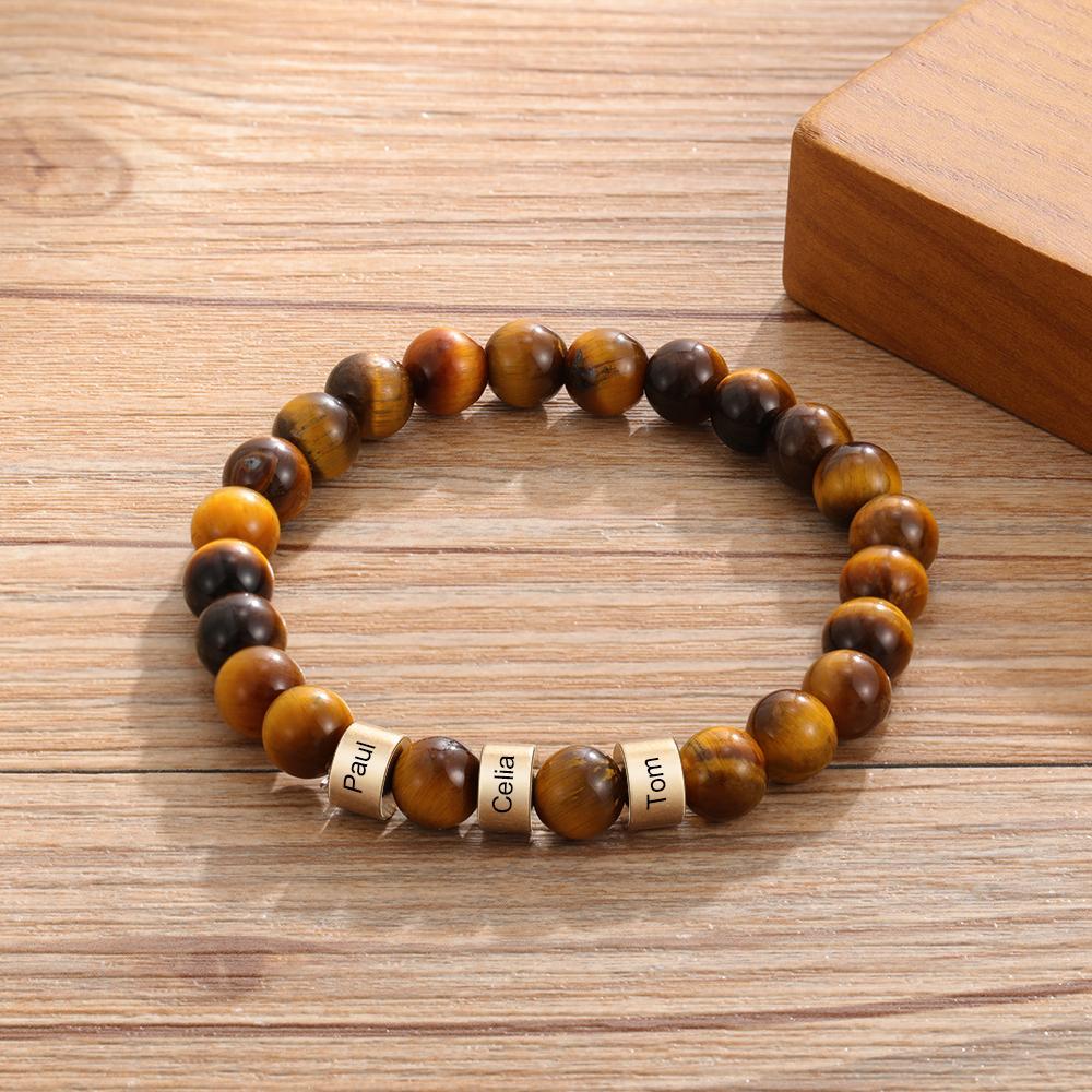 Serene Black Onyx Men Bracelet Personalized 3 Names Beaded Warp Bracelet Gift For Him