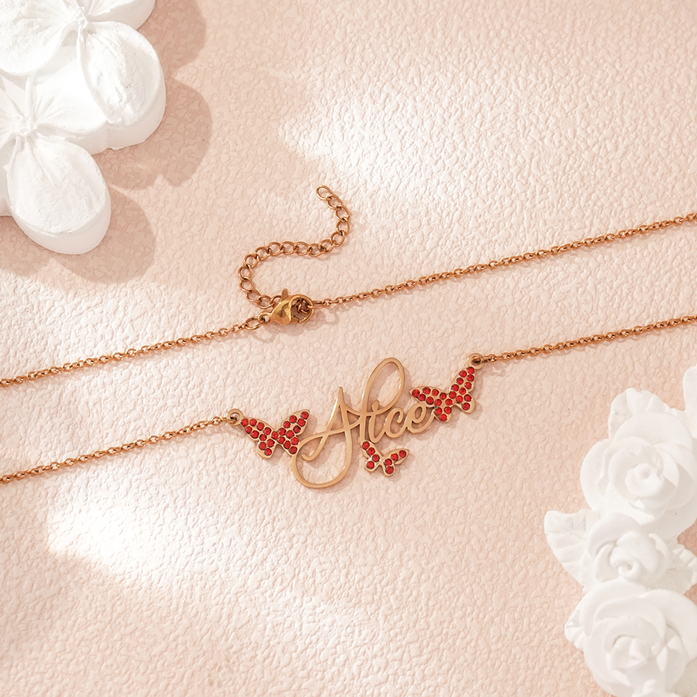 ✨ Personalized Butterfly Name Necklace with Birthstone Crystals