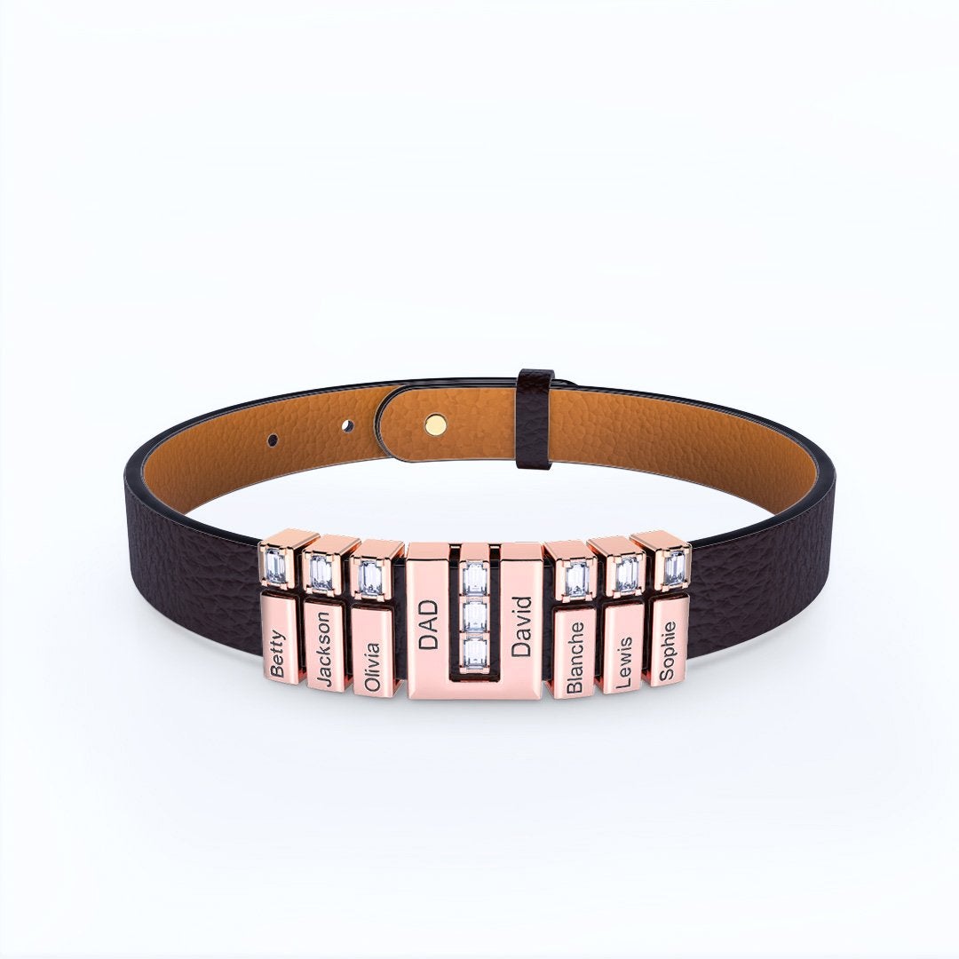 Father's Day Gift Men Learther Bracelet With Diamond Name Beads