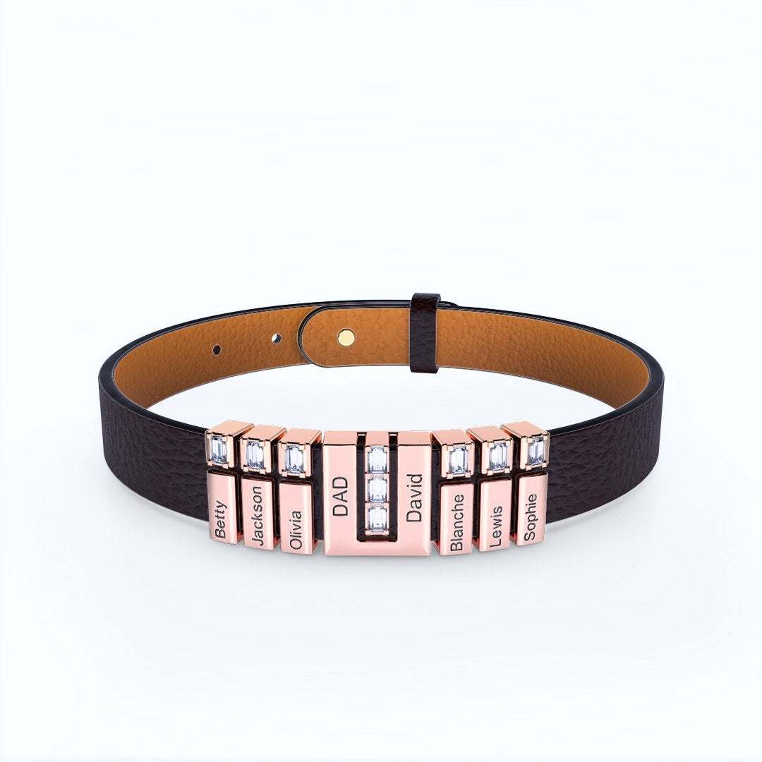 Father's Day Gift Men Learther Bracelet With Diamond Name Beads