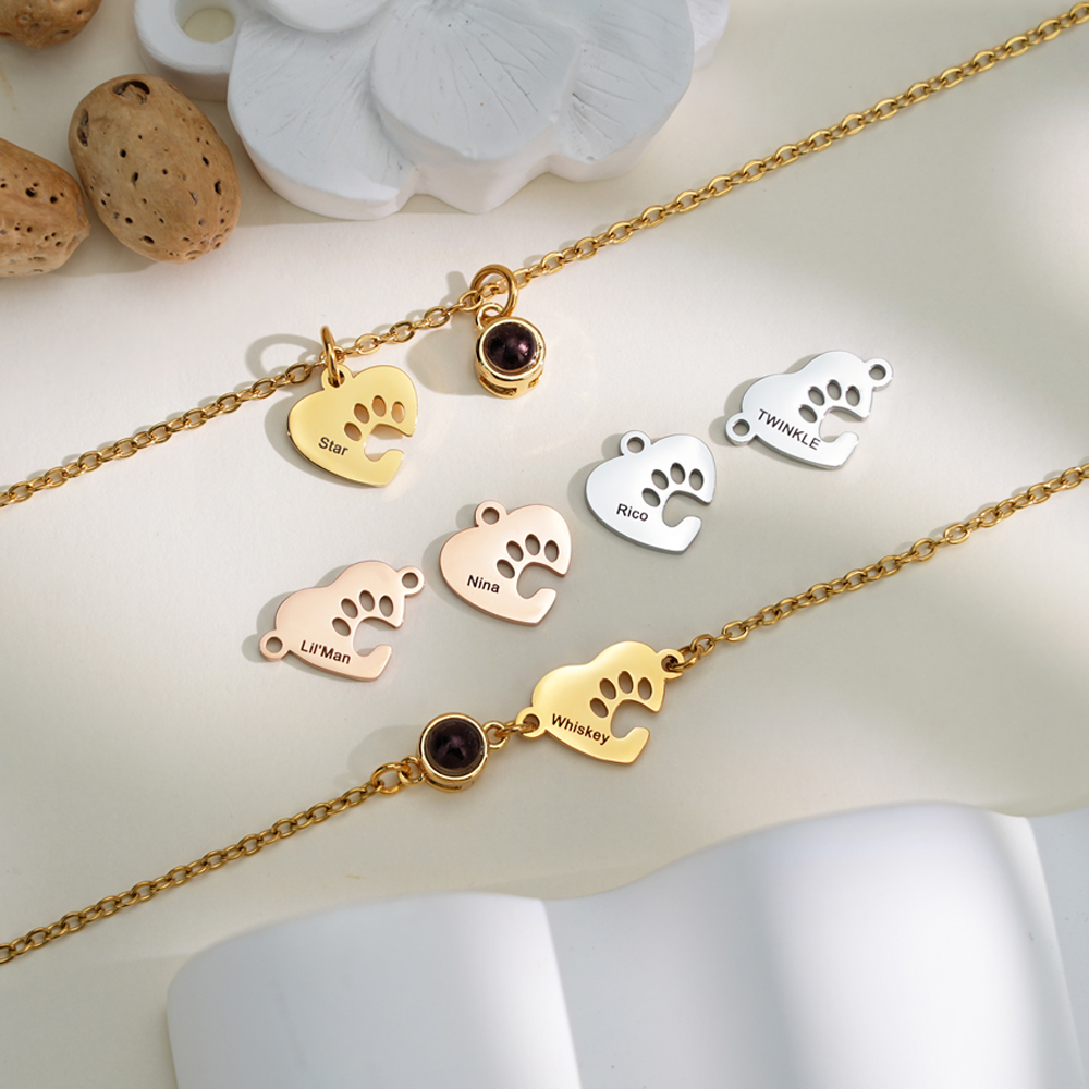 Personalized Name Heart-Shaped Paw Print Photo Projection Necklace/Bracelet