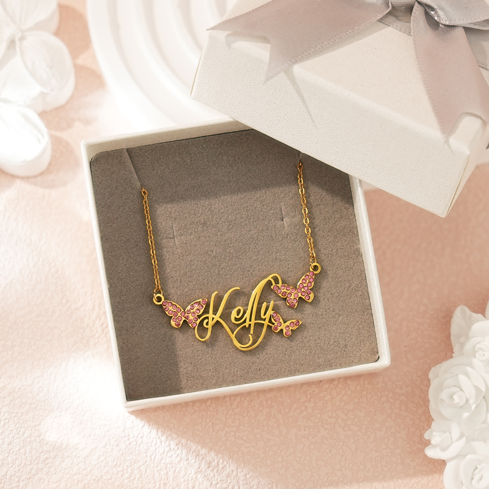 ✨ Personalized Butterfly Name Necklace with Birthstone Crystals