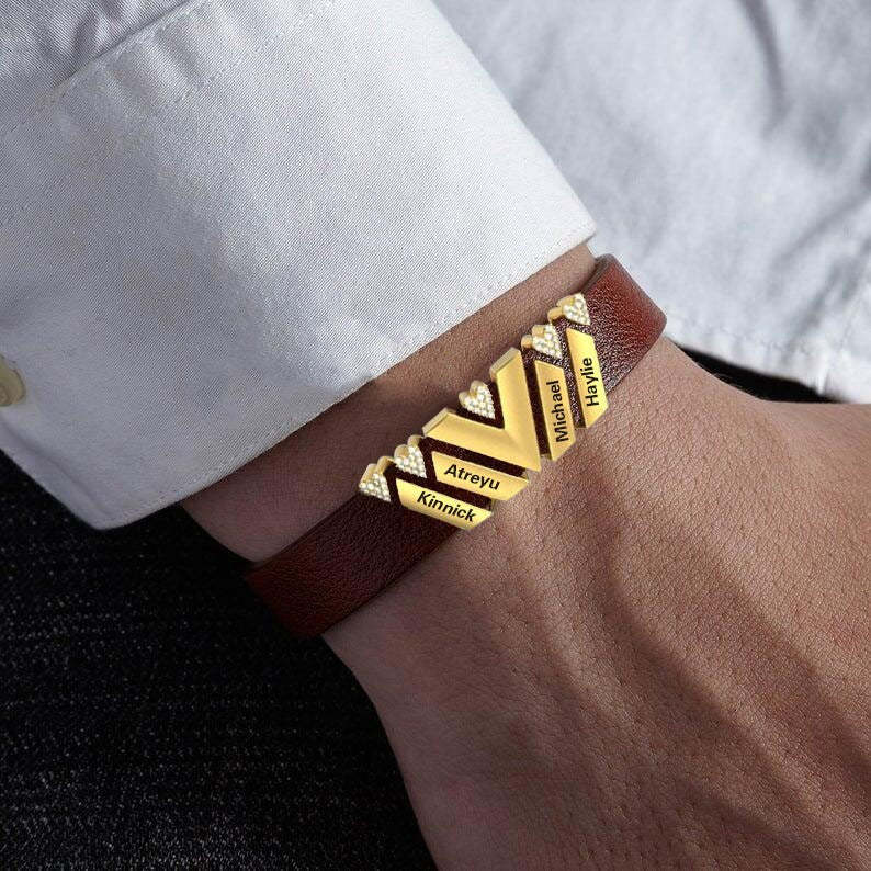Father's Day Gift Men Learther Bracelet With Diamond Name Beads