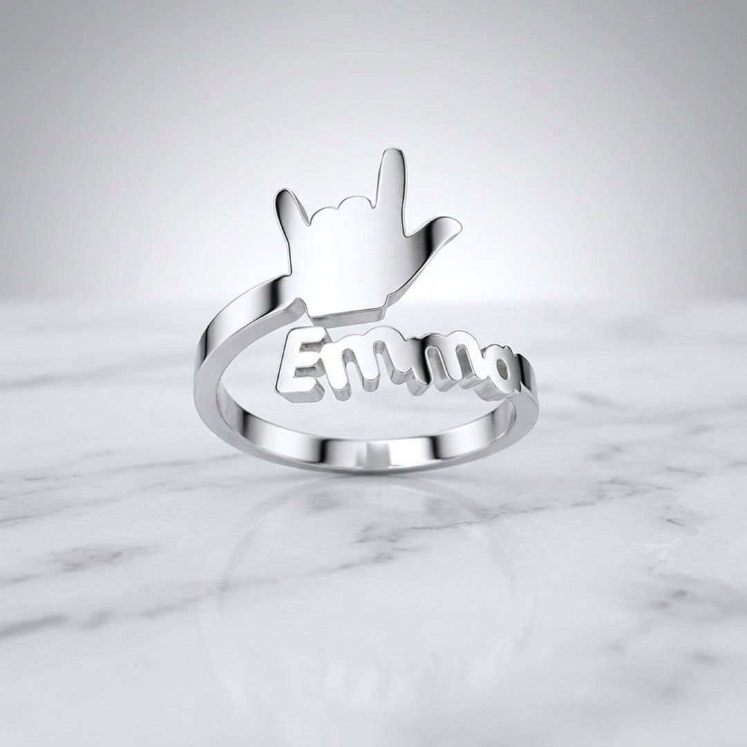 Personalized I Love You Hand Sign Name Ring