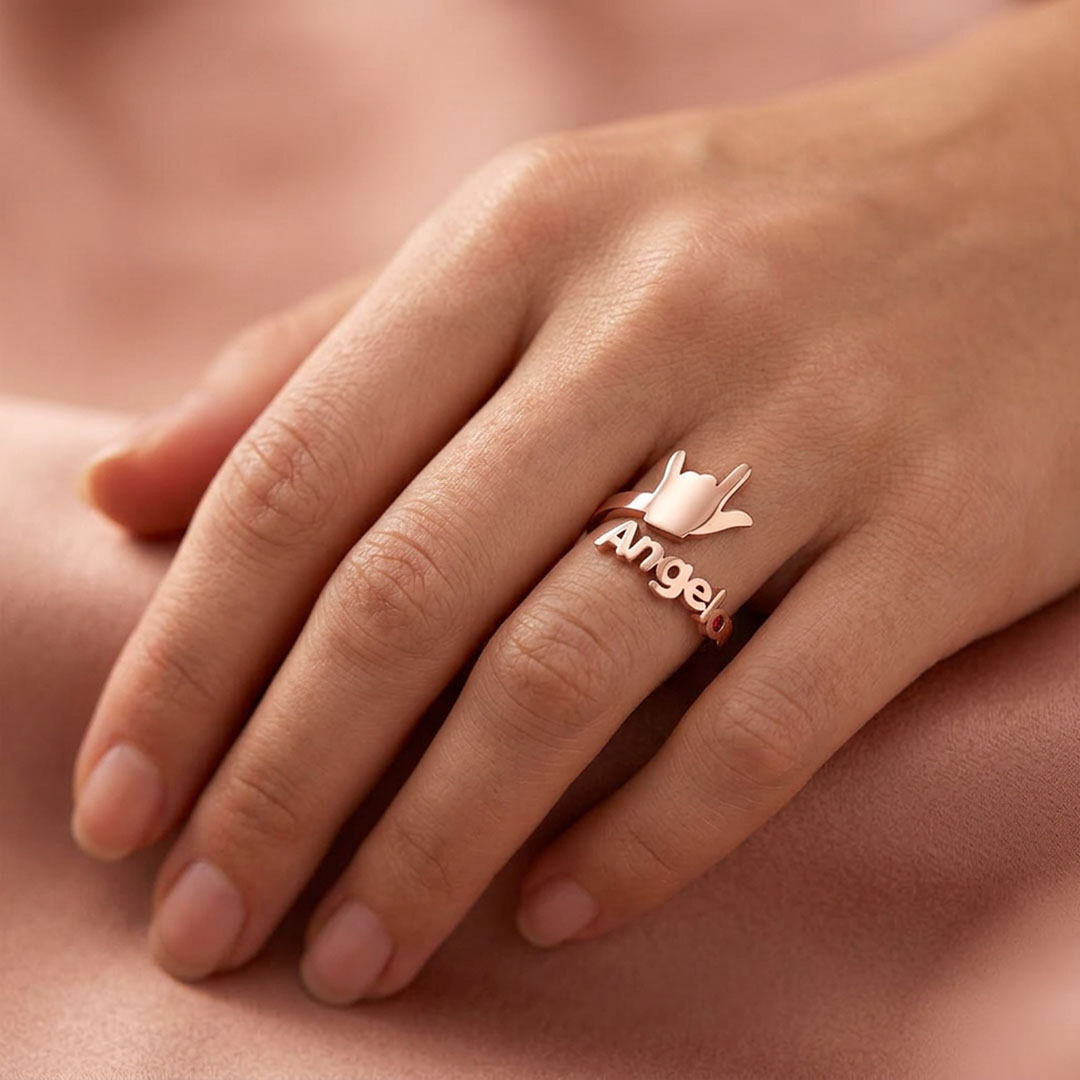 Personalized I Love You Hand Sign Name Ring