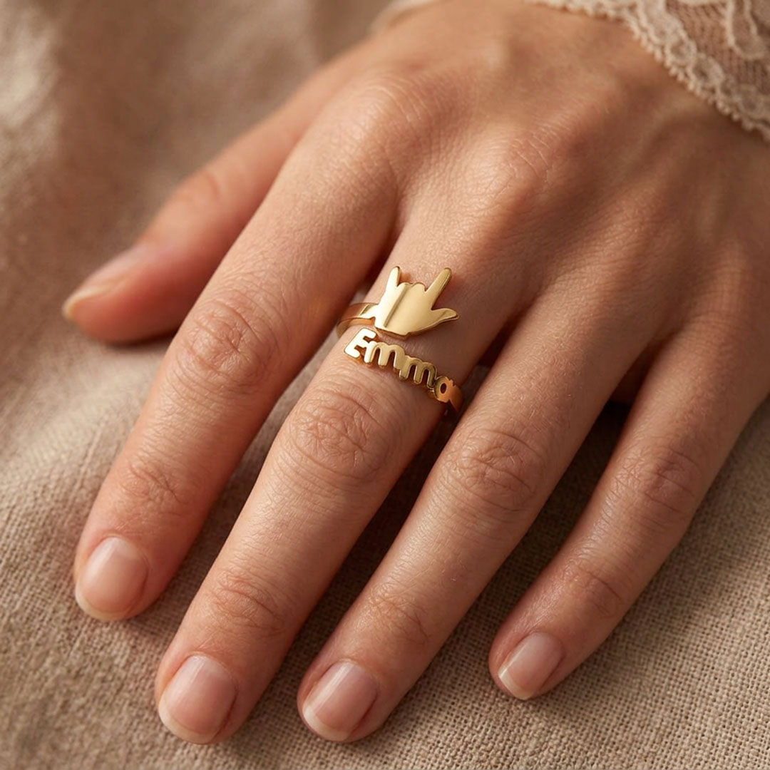 Personalized I Love You Hand Sign Name Ring