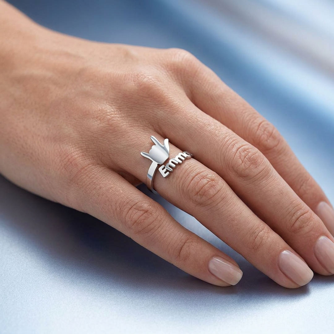 Personalized I Love You Hand Sign Name Ring
