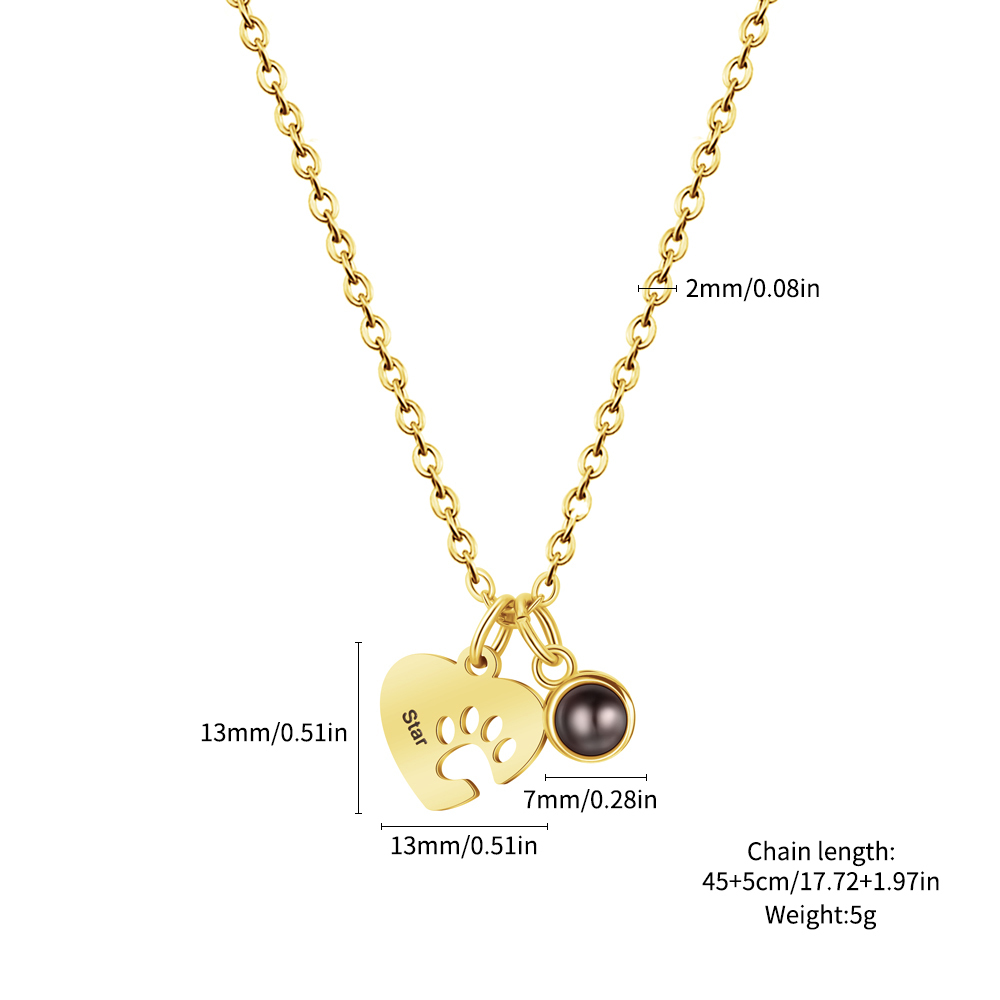 Personalized Name Heart-Shaped Paw Print Photo Projection Necklace/Bracelet