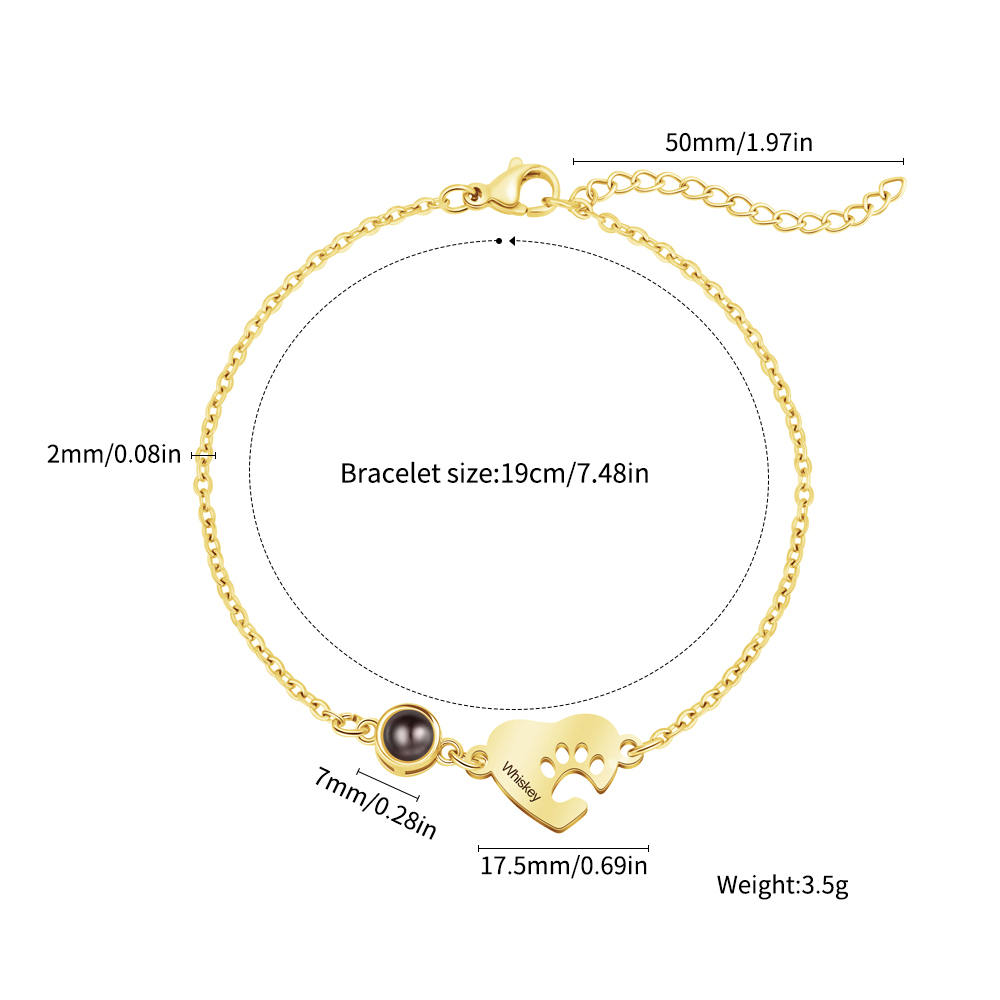 Personalized Name Heart-Shaped Paw Print Photo Projection Necklace/Bracelet