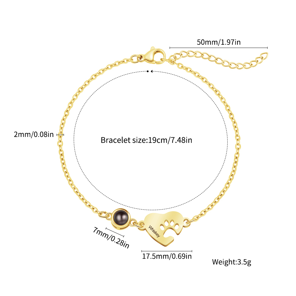 Personalized Name Heart-Shaped Paw Print Photo Projection Necklace/Bracelet