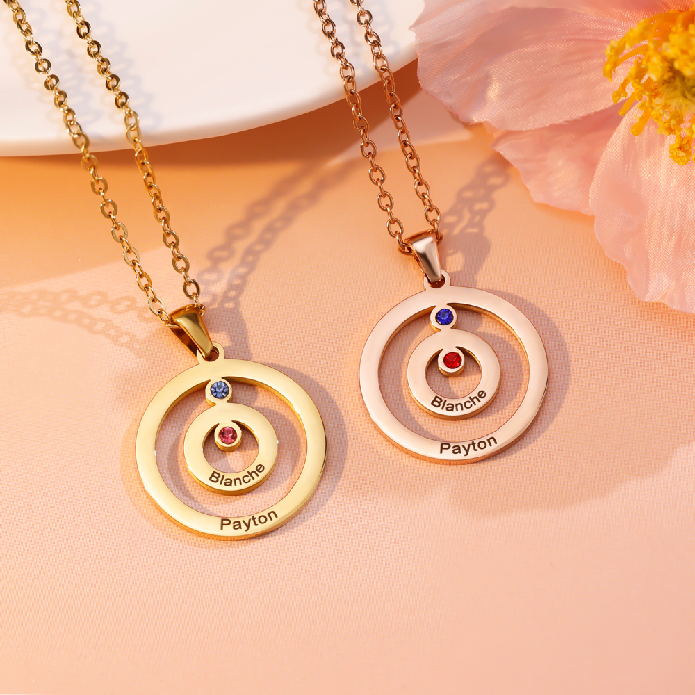 Personalized Engraved Double Circle Colored Diamond Necklace