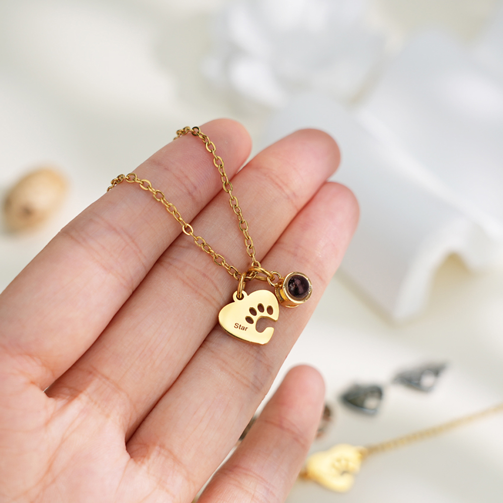 Personalized Name Heart-Shaped Paw Print Photo Projection Necklace/Bracelet