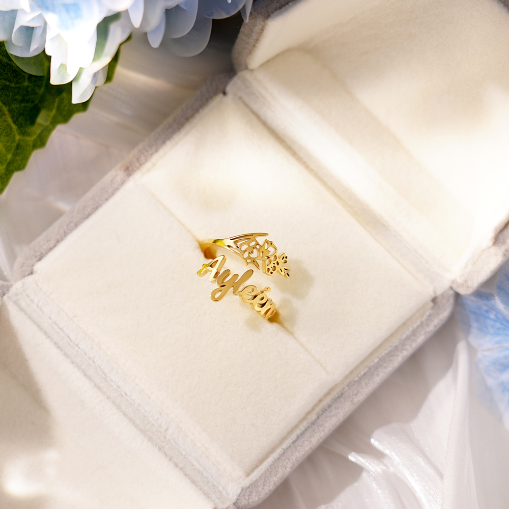 Personalized Birth Flower Name Ring