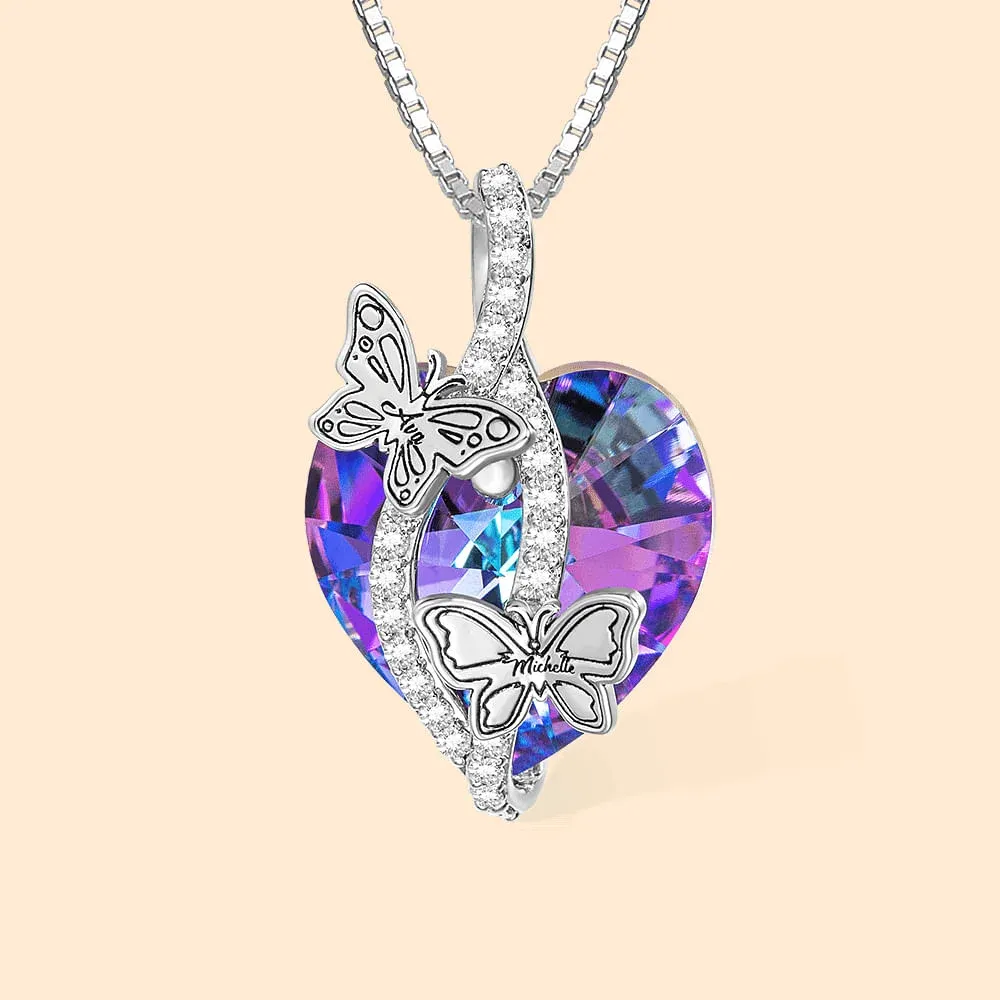 Personalized Butterfly Pendant Zircon Necklace Adorned with Heart Crystal Engraved Name Gift for Woman