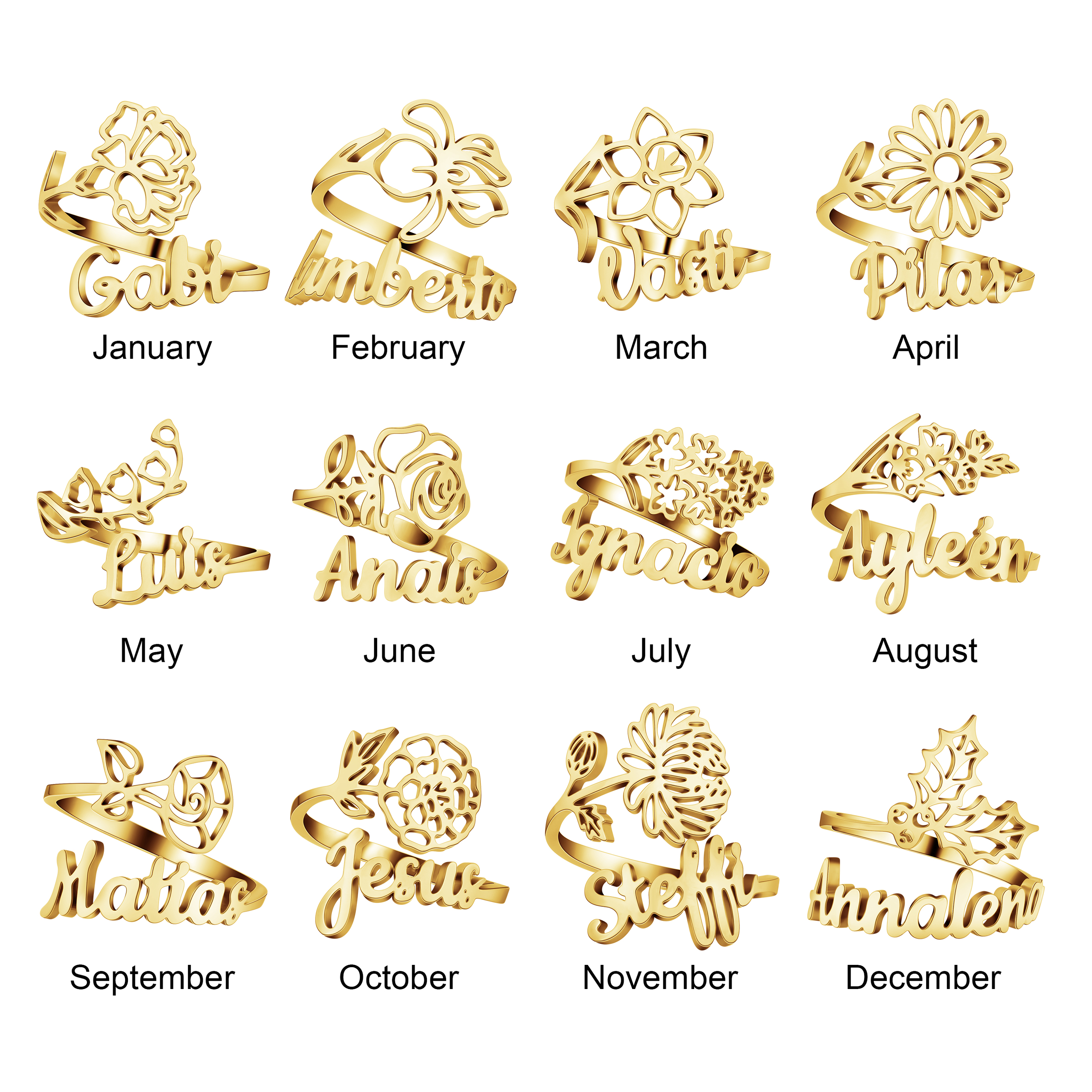 Personalized Birth Flower Name Ring