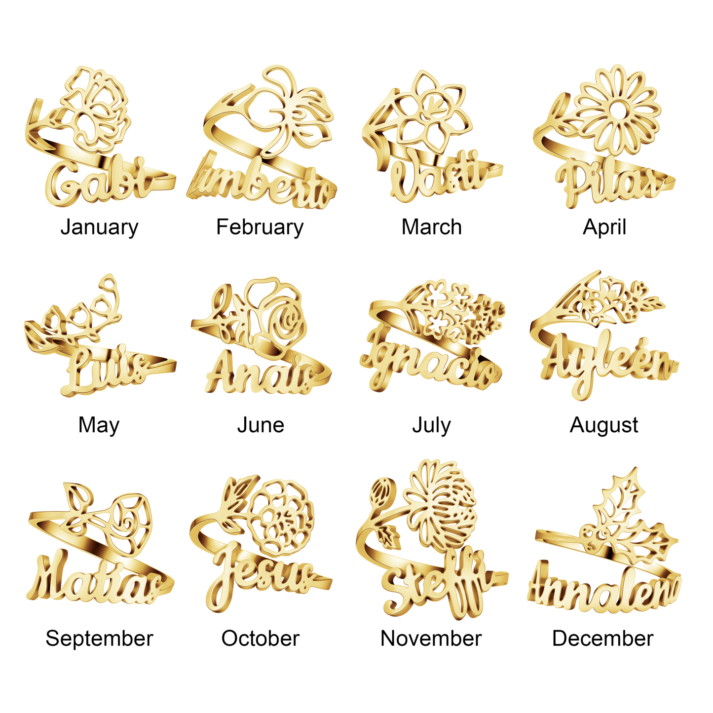 Personalized Birth Flower Name Ring
