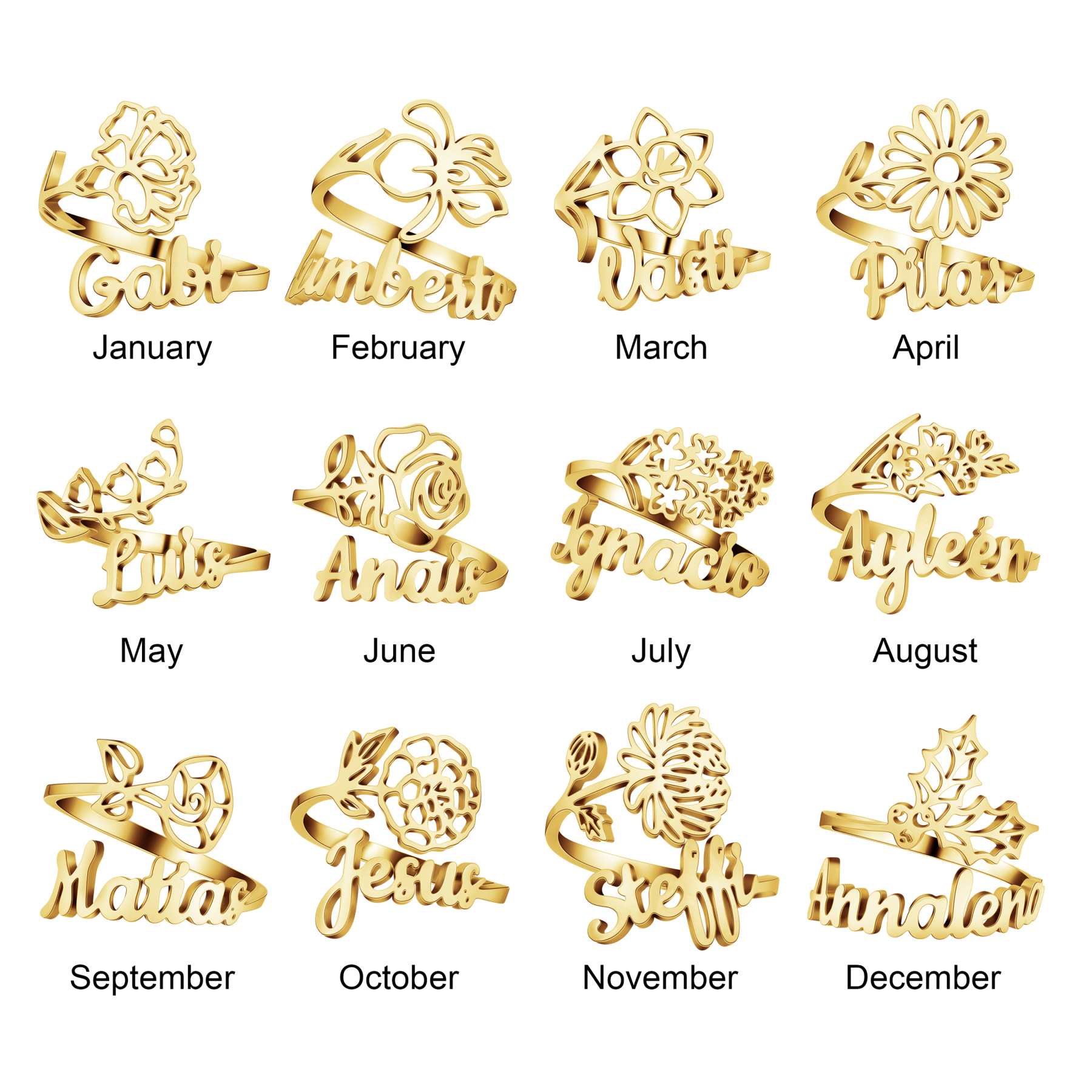 Personalized Birth Flower Name Ring