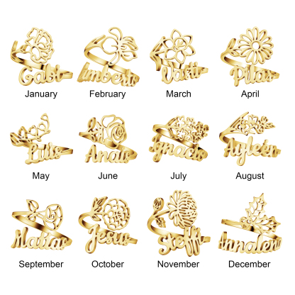 Personalized Birth Flower Name Ring