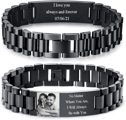 Personalized Picture Bracelet for Dad - Free Engraved Customized Photo Bracelets,Hypoallergenic Stainless Steel Adjustable Wristband,Trendy Custom Engraving Photo/Text/Name Bracelet Jewelry for Men