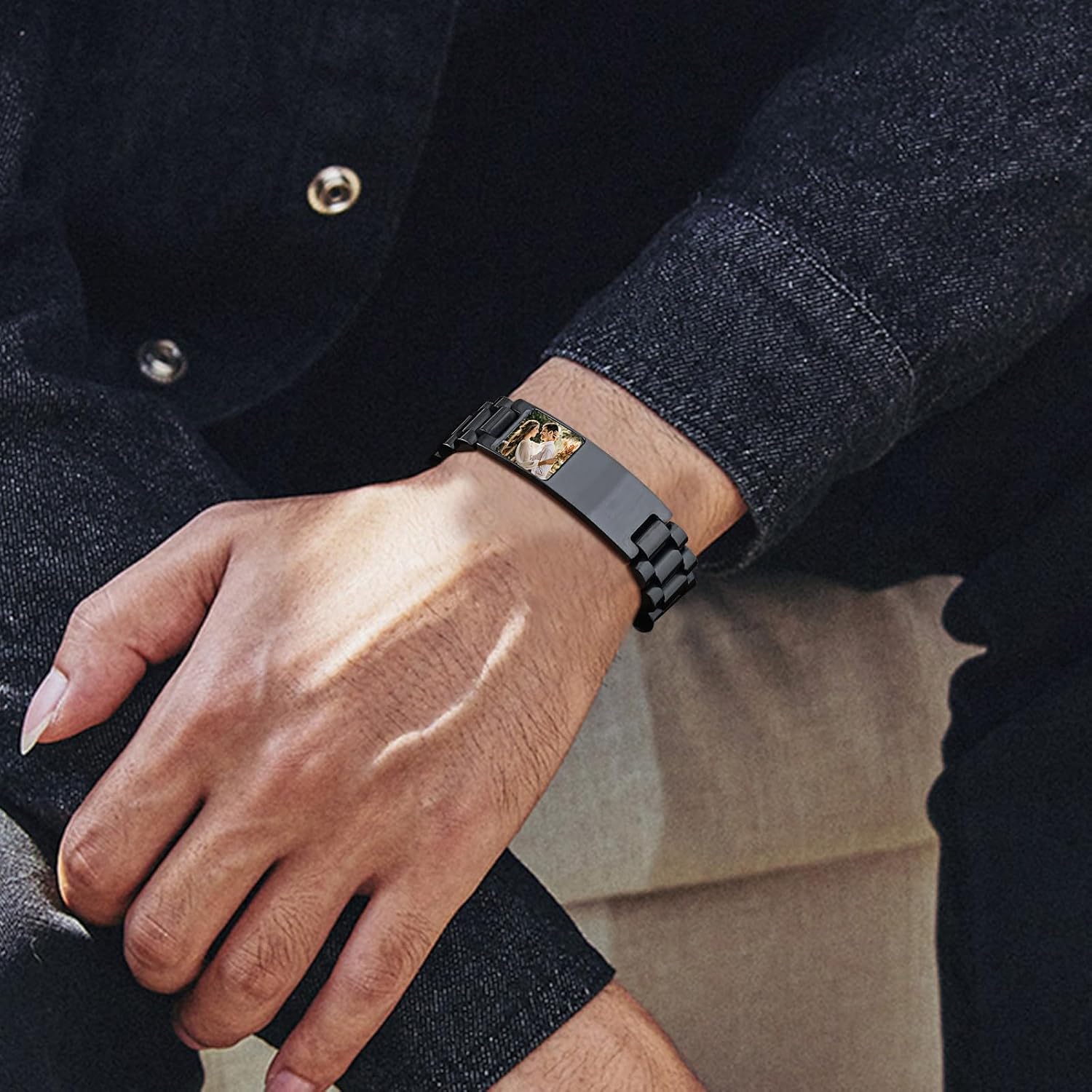 Personalized Picture Bracelet for Dad - Free Engraved Customized Photo Bracelets,Hypoallergenic Stainless Steel Adjustable Wristband,Trendy Custom Engraving Photo/Text/Name Bracelet Jewelry for Men