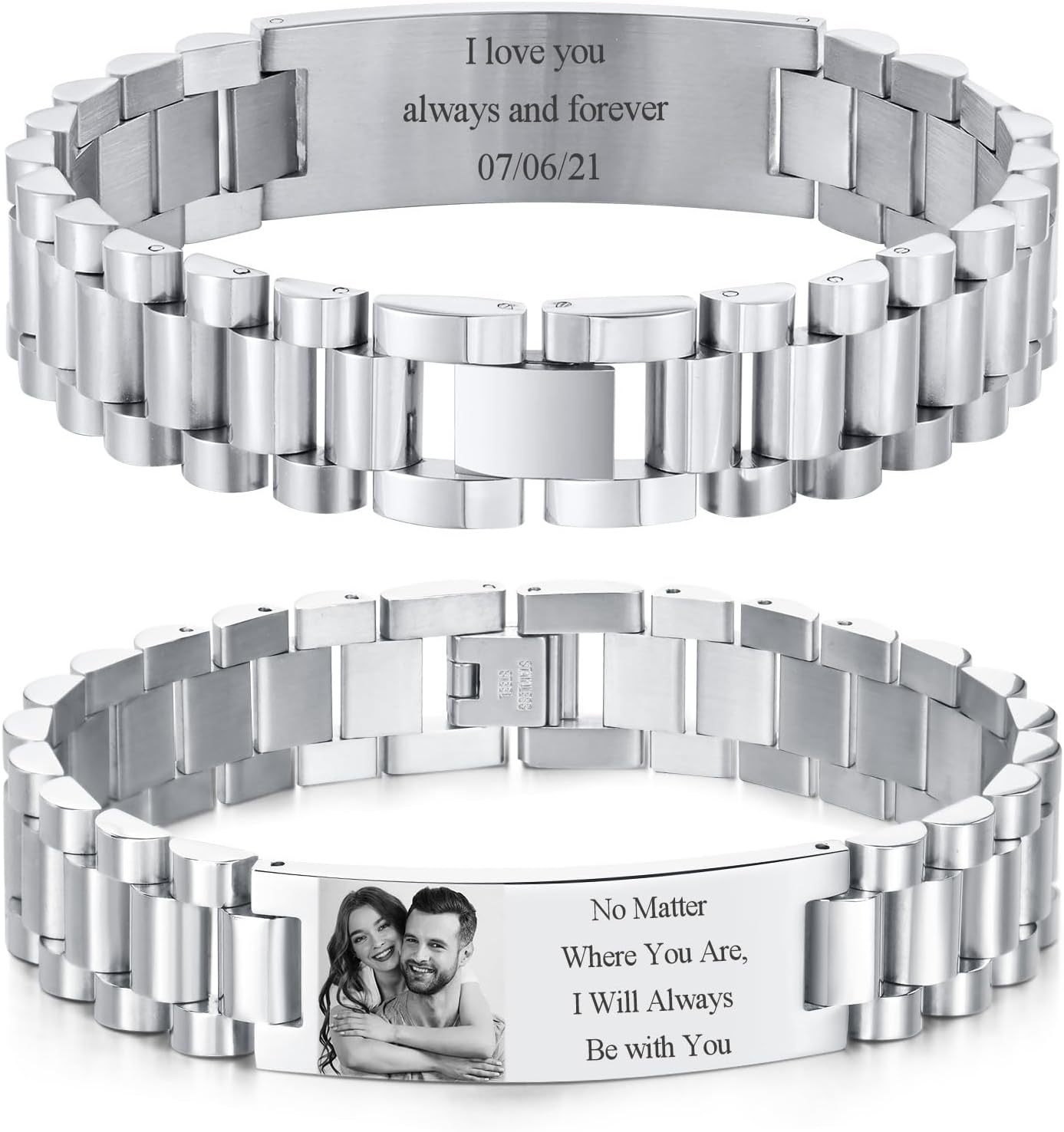 Personalized Picture Bracelet for Dad - Free Engraved Customized Photo Bracelets,Hypoallergenic Stainless Steel Adjustable Wristband,Trendy Custom Engraving Photo/Text/Name Bracelet Jewelry for Men