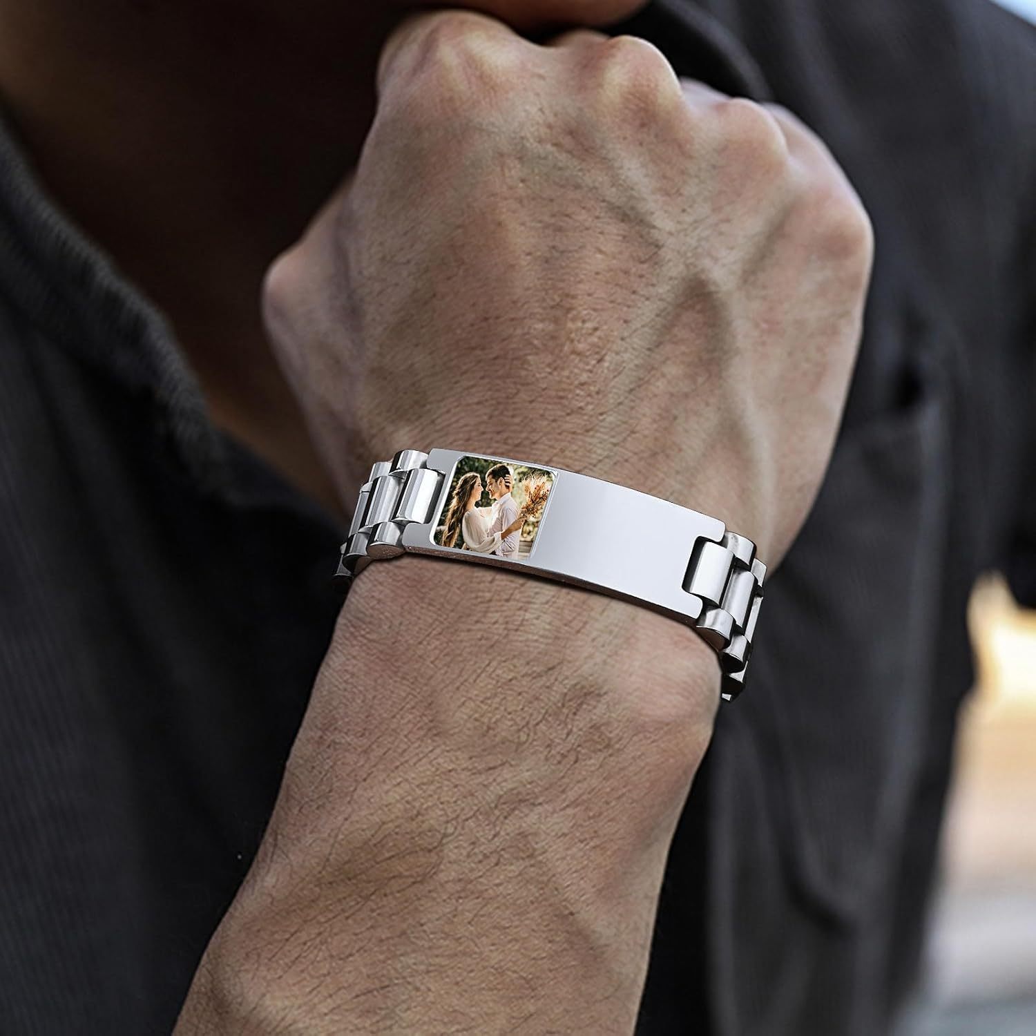 Personalized Picture Bracelet for Dad - Free Engraved Customized Photo Bracelets,Hypoallergenic Stainless Steel Adjustable Wristband,Trendy Custom Engraving Photo/Text/Name Bracelet Jewelry for Men