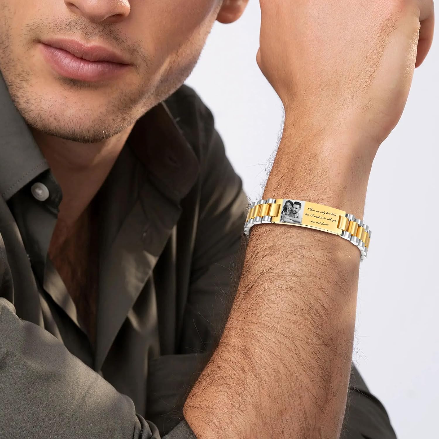 Personalized Picture Bracelet for Dad - Free Engraved Customized Photo Bracelets,Hypoallergenic Stainless Steel Adjustable Wristband,Trendy Custom Engraving Photo/Text/Name Bracelet Jewelry for Men