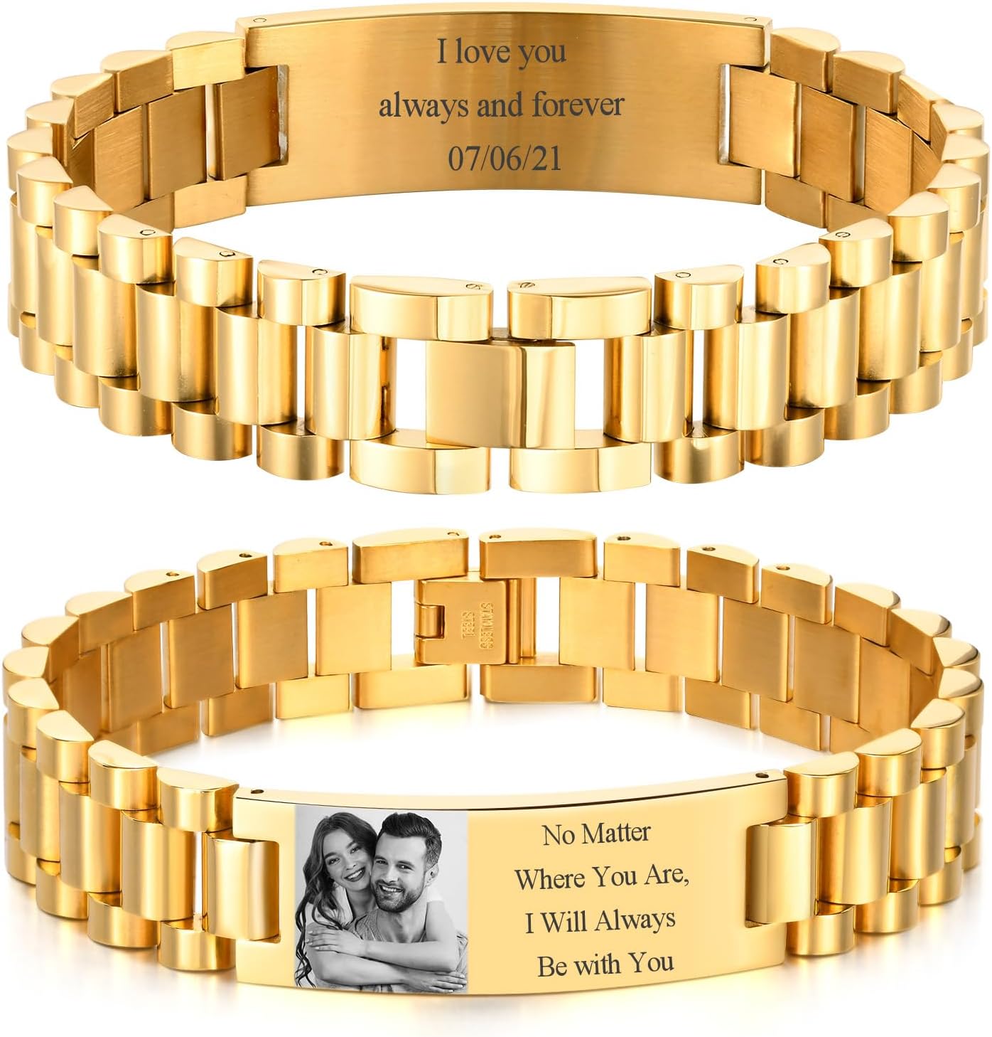 Personalized Picture Bracelet for Dad - Free Engraved Customized Photo Bracelets,Hypoallergenic Stainless Steel Adjustable Wristband,Trendy Custom Engraving Photo/Text/Name Bracelet Jewelry for Men