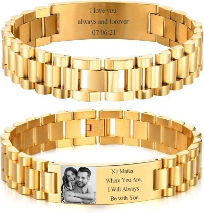 Personalized Picture Bracelet for Dad - Free Engraved Customized Photo Bracelets,Hypoallergenic Stainless Steel Adjustable Wristband,Trendy Custom Engraving Photo/Text/Name Bracelet Jewelry for Men