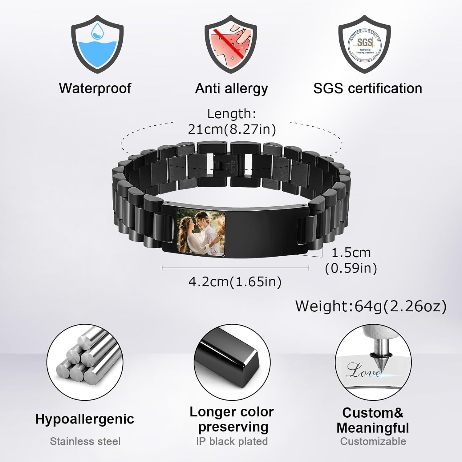 Personalized Picture Bracelet for Dad - Free Engraved Customized Photo Bracelets,Hypoallergenic Stainless Steel Adjustable Wristband,Trendy Custom Engraving Photo/Text/Name Bracelet Jewelry for Men