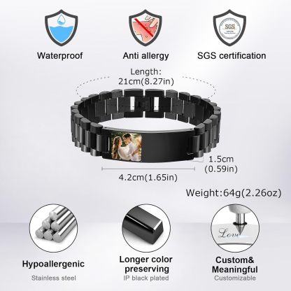 Personalized Picture Bracelet for Dad - Free Engraved Customized Photo Bracelets,Hypoallergenic Stainless Steel Adjustable Wristband,Trendy Custom Engraving Photo/Text/Name Bracelet Jewelry for Men