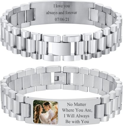 Personalized Picture Bracelet for Dad - Free Engraved Customized Photo Bracelets,Hypoallergenic Stainless Steel Adjustable Wristband,Trendy Custom Engraving Photo/Text/Name Bracelet Jewelry for Men