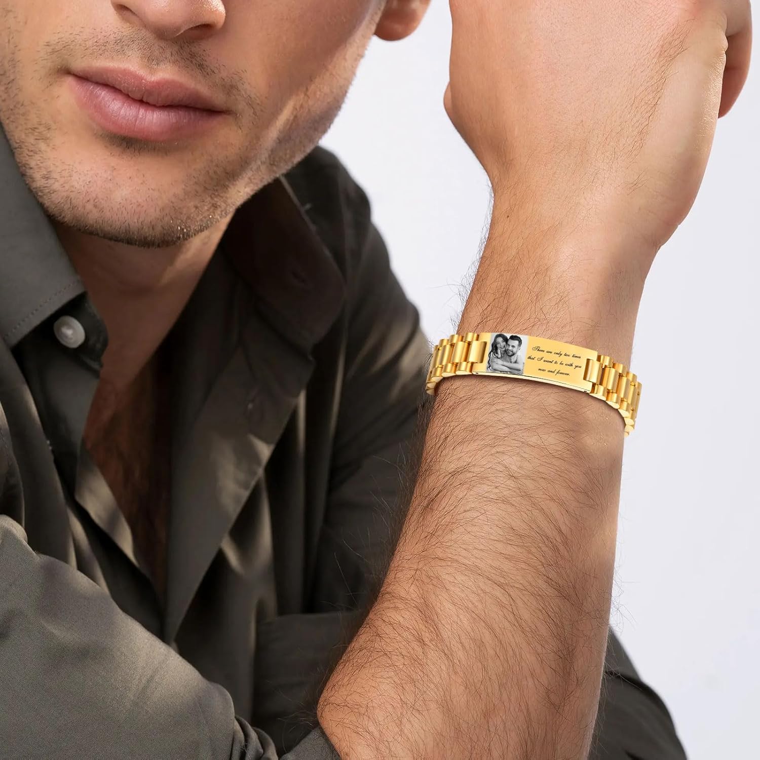 Personalized Picture Bracelet for Dad - Free Engraved Customized Photo Bracelets,Hypoallergenic Stainless Steel Adjustable Wristband,Trendy Custom Engraving Photo/Text/Name Bracelet Jewelry for Men