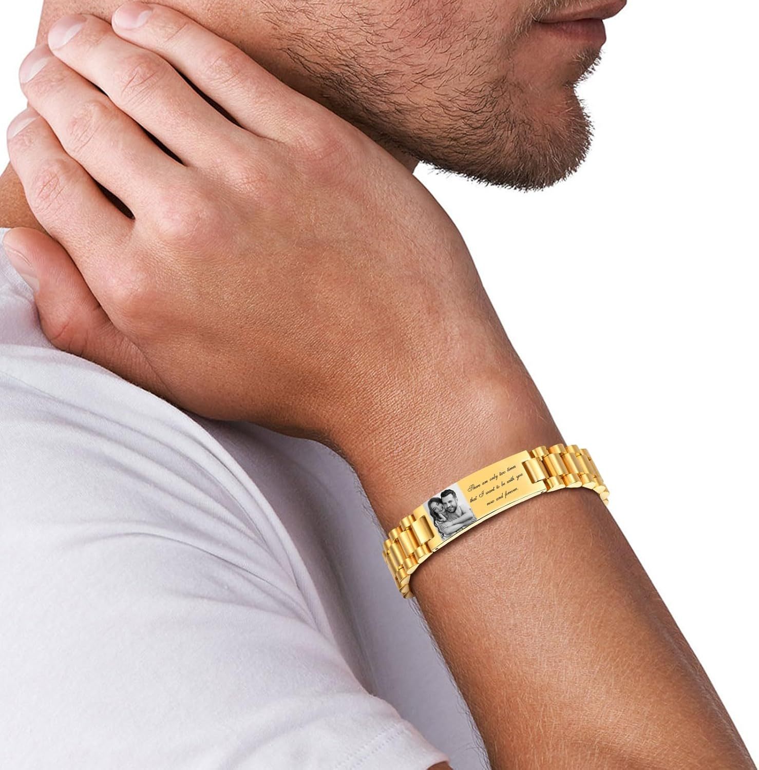 Personalized Picture Bracelet for Dad - Free Engraved Customized Photo Bracelets,Hypoallergenic Stainless Steel Adjustable Wristband,Trendy Custom Engraving Photo/Text/Name Bracelet Jewelry for Men