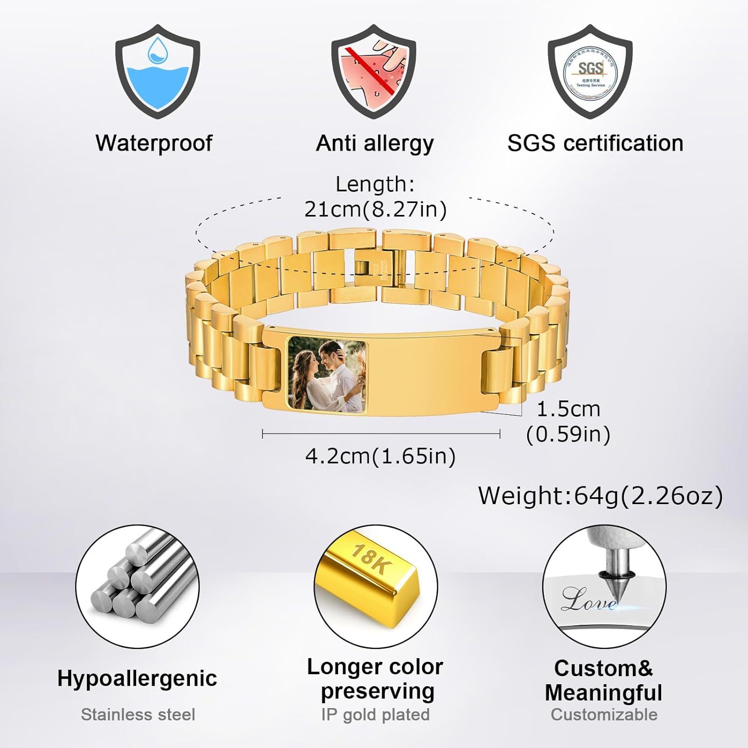 Personalized Picture Bracelet for Dad - Free Engraved Customized Photo Bracelets,Hypoallergenic Stainless Steel Adjustable Wristband,Trendy Custom Engraving Photo/Text/Name Bracelet Jewelry for Men