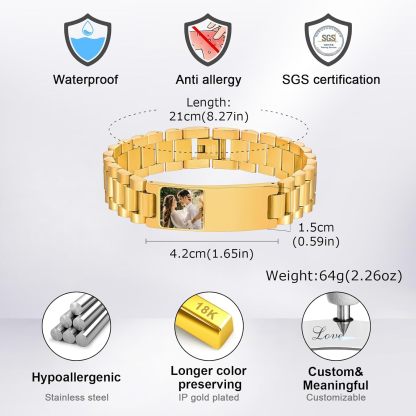 Personalized Picture Bracelet for Dad - Free Engraved Customized Photo Bracelets,Hypoallergenic Stainless Steel Adjustable Wristband,Trendy Custom Engraving Photo/Text/Name Bracelet Jewelry for Men