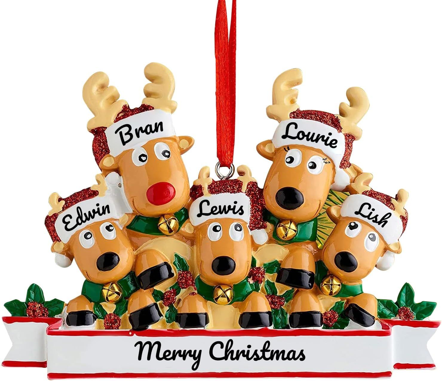 Personalized Reindeer Christmas Ornament Pendant, 2/3/4/5/6/7/8 Family Pendant, Christmas Tree Decoration Gift with Family Name and Blessing, Christmas Resin Pendant