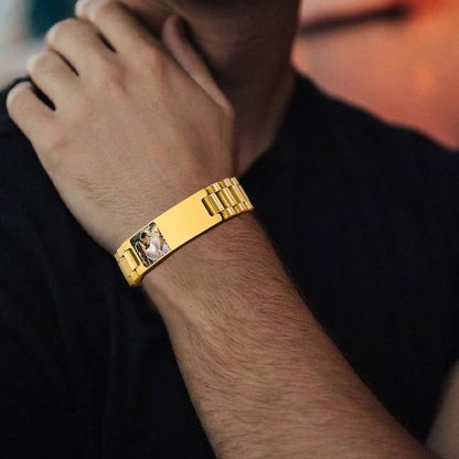 Personalized Picture Bracelet for Dad - Free Engraved Customized Photo Bracelets,Hypoallergenic Stainless Steel Adjustable Wristband,Trendy Custom Engraving Photo/Text/Name Bracelet Jewelry for Men