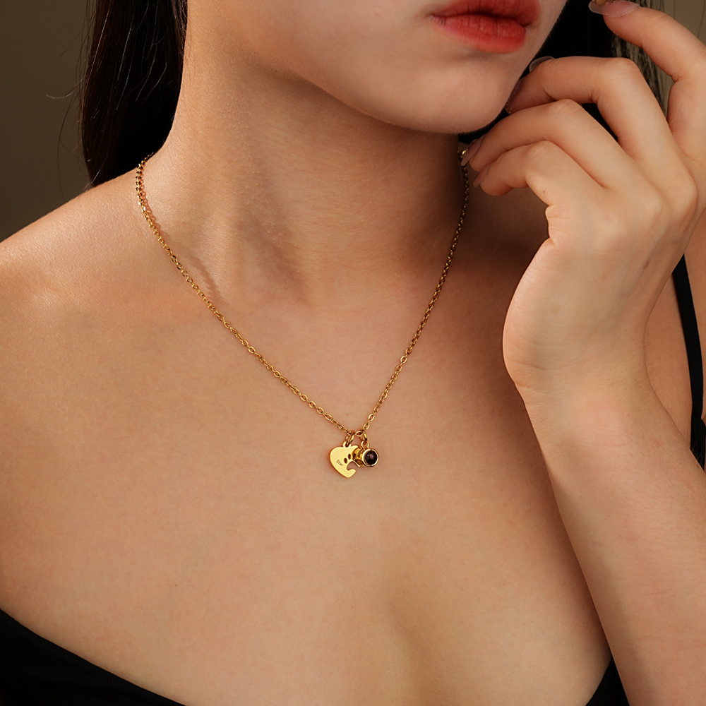 Personalized Name Heart-Shaped Paw Print Photo Projection Necklace/Bracelet