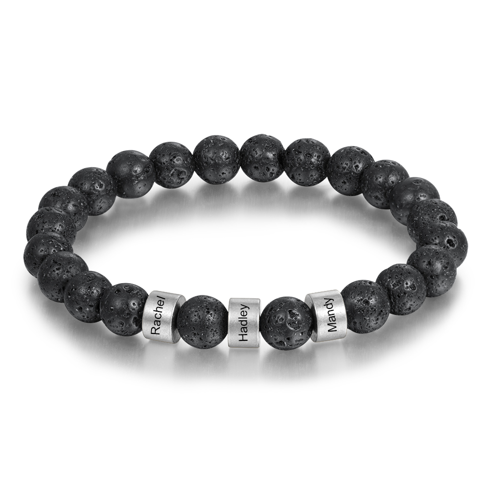 Serene Black Onyx Men Bracelet Personalized 3 Names Beaded Warp Bracelet Gift For Him
