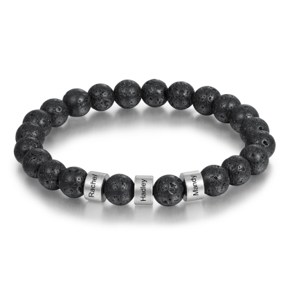 Serene Black Onyx Men Bracelet Personalized 3 Names Beaded Warp Bracelet Gift For Him