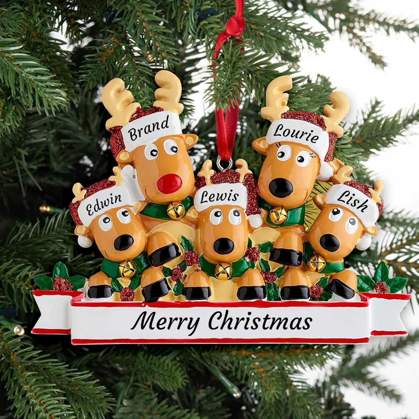 Personalized Reindeer Christmas Ornament Pendant, 2/3/4/5/6/7/8 Family Pendant, Christmas Tree Decoration Gift with Family Name and Blessing, Christmas Resin Pendant