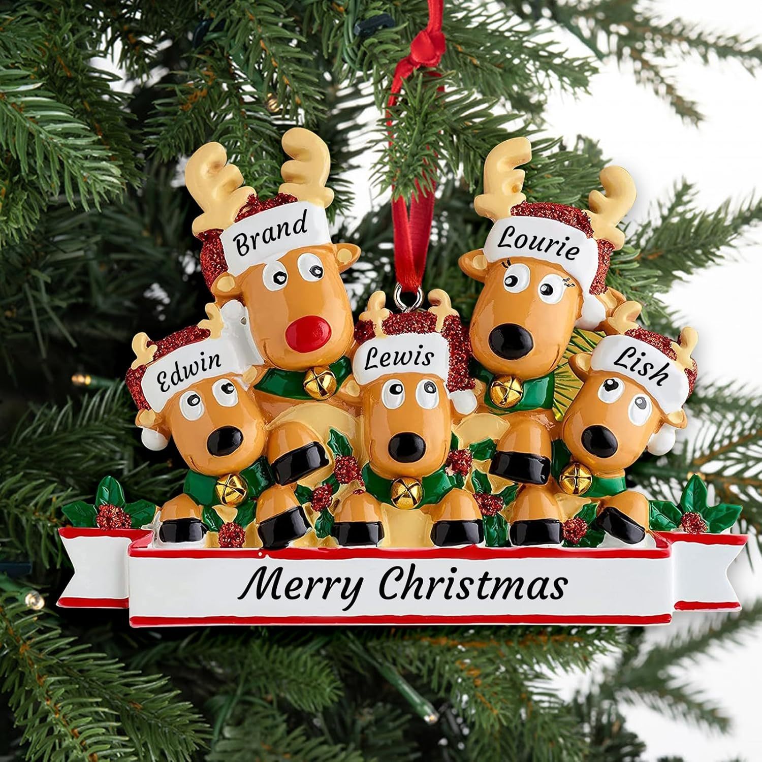 Personalized Reindeer Christmas Ornament Pendant, 2/3/4/5/6/7/8 Family Pendant, Christmas Tree Decoration Gift with Family Name and Blessing, Christmas Resin Pendant