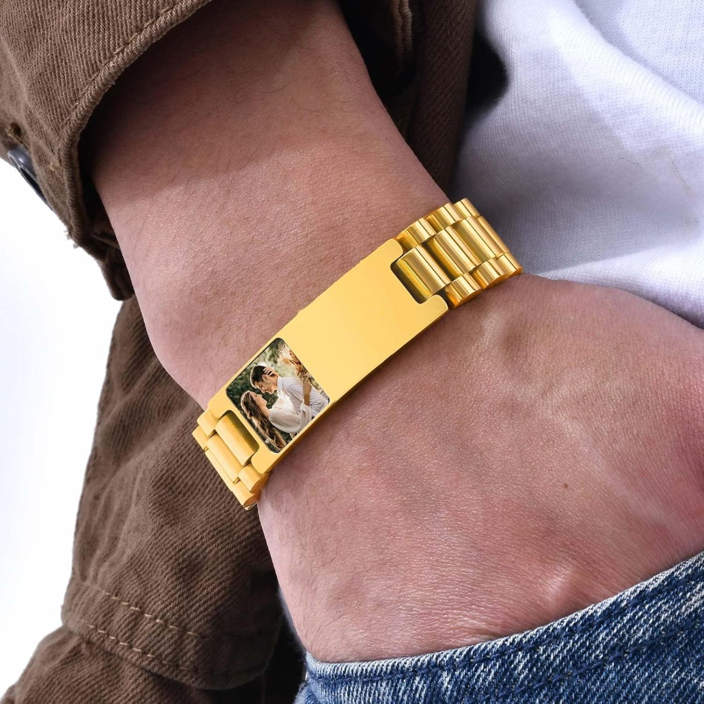 Personalized Picture Bracelet for Dad - Free Engraved Customized Photo Bracelets,Hypoallergenic Stainless Steel Adjustable Wristband,Trendy Custom Engraving Photo/Text/Name Bracelet Jewelry for Men