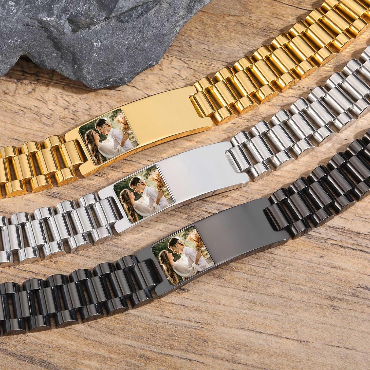 Personalized Picture Bracelet for Dad - Free Engraved Customized Photo Bracelets,Hypoallergenic Stainless Steel Adjustable Wristband,Trendy Custom Engraving Photo/Text/Name Bracelet Jewelry for Men